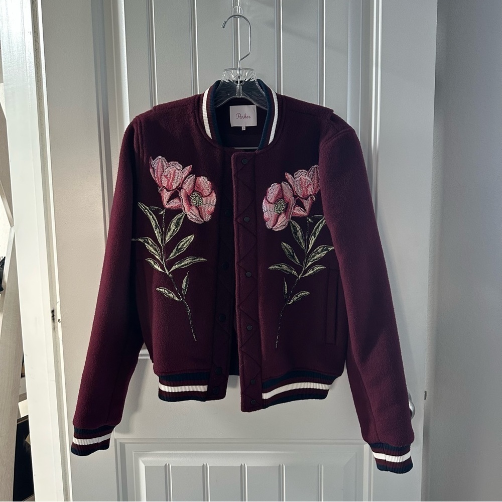 Parker Pacifico Floral Embroidered Wool Bomber Varsity Jacket Burgundy XS